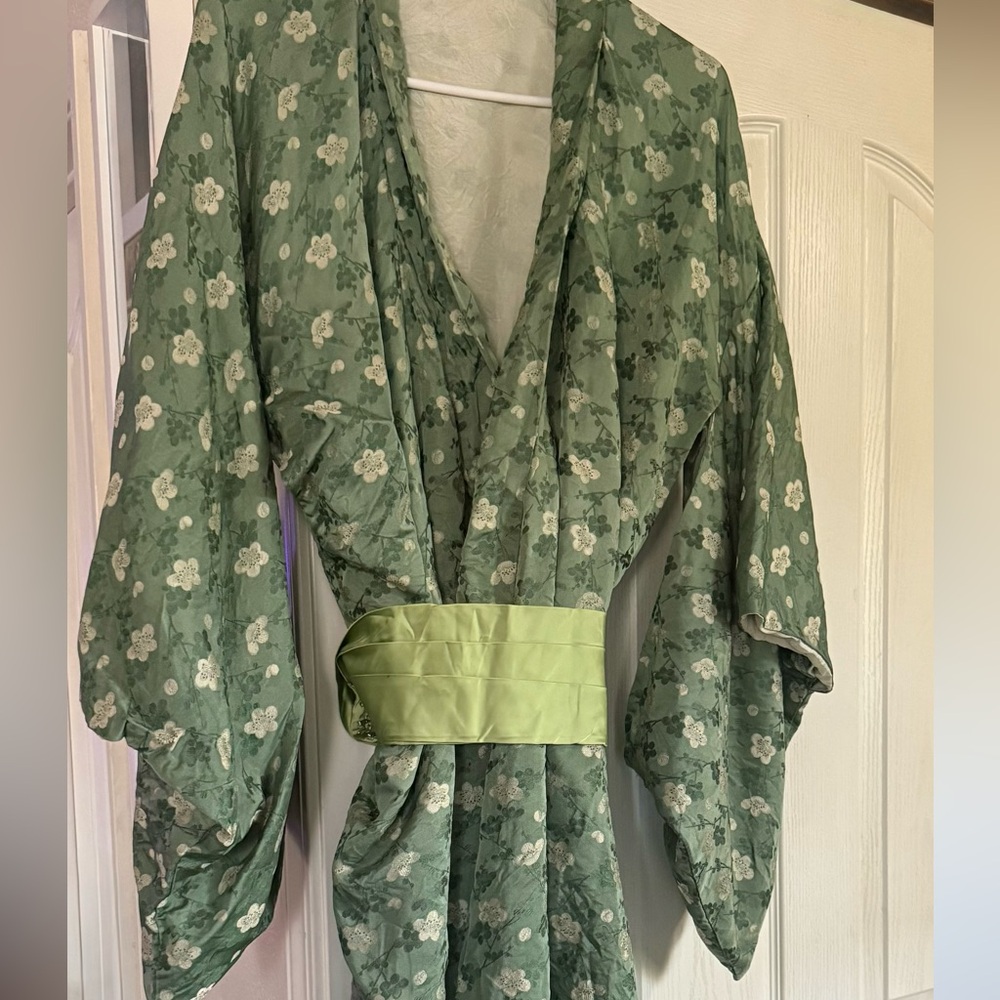 Vintage traditional authentic Japanese kimono, sage like green silk long kimono